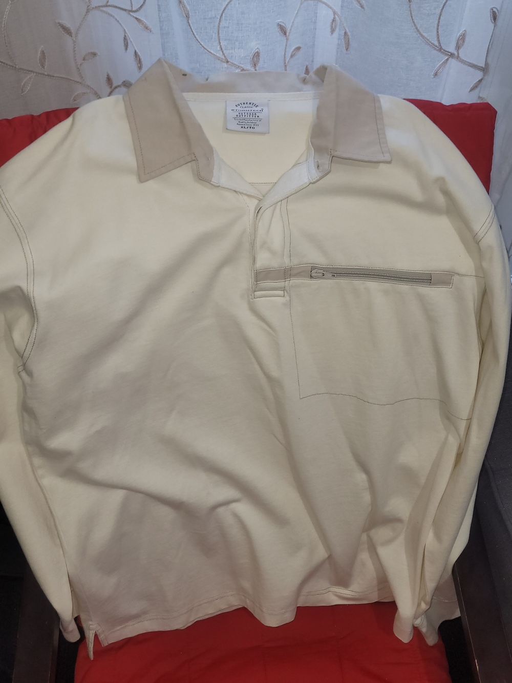 Men's Cream Long-Sleeve Polo Shirt with Contrast Collar